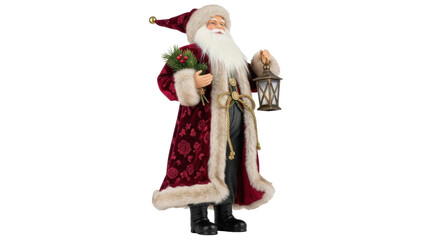Isolated festive old-fashioned Santa Claus figurine holding lantern and mistletoe branch