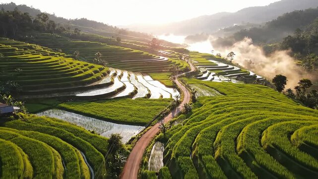 Aerial view of rice terraces in a valley at sunrise.