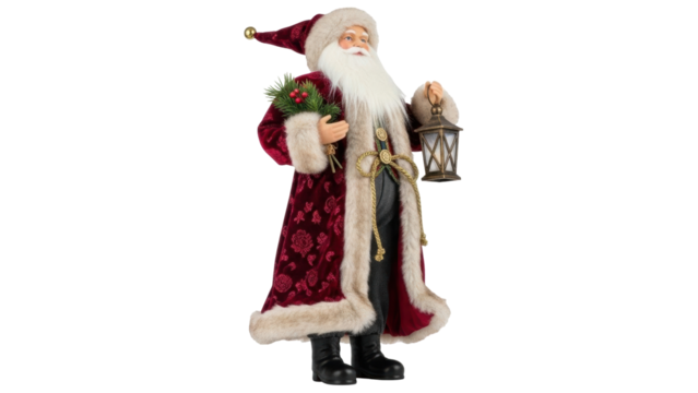 Isolated festive old-fashioned Santa Claus figurine holding lantern and mistletoe branch