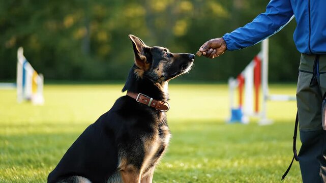 Obedient German Shepherd Dog Receives Treat From Trainer During Outdoor Agility Training Session Green Grass Field Sunny Day