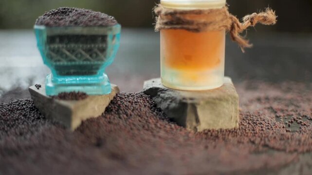 Nourishing Hair Mask with Cumin Seeds, Egg Yolk, Olive Oil and Water on Wooden Surface &ndash; Natural Treatment for Healthy, Strong, Long, Smooth Hair and Deep Conditioning Haircare