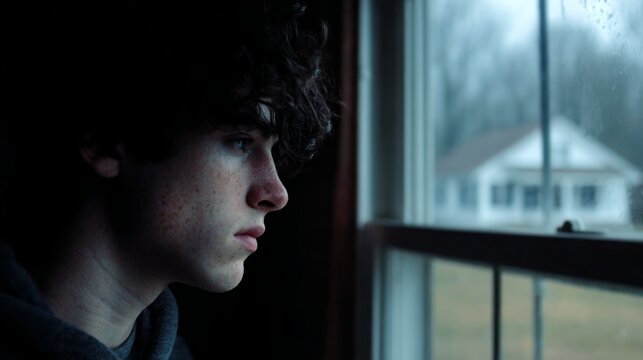 A young man with curly hair and freckles gazes thoughtfully out of the window on a rainy day, capturing a moment of reflection and self-analysis. Side view - Powered by Adobe