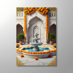 White Courtyard With Fountain, Marigold Flowers, And Greenery garland traditional isolated on a transparent background