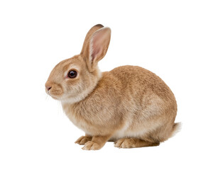 Obraz premium Cute brown rabbit sitting, isolated on white, looking left side.