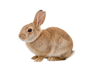 Cute brown rabbit sitting, isolated on white, looking left side.