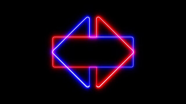 Glowing neon red and blue arrows double-sided directional sign with futuristic vibrant lighting effect.
