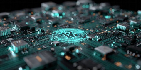 Illuminated digital currency symbol glows brightly atop a complex electronic circuit board