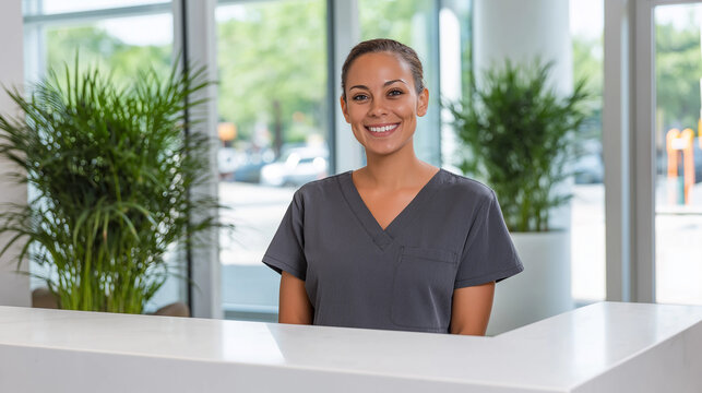 Cheerful medical professional in a gray uniform standing at a white reception counter