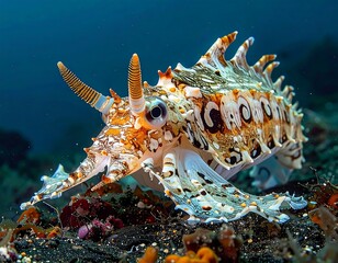 A vibrant bobtail squid with intricate patterns and textures poses on a dark seabed surrounded by marine flora