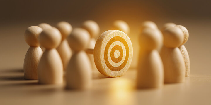 Wooden Figures Surrounding an Illuminated Bullseye Target, Symbolizing Shared Goal and Teamwork