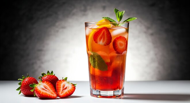 Refreshing strawberry and mint cocktail with ice and fruit garnish