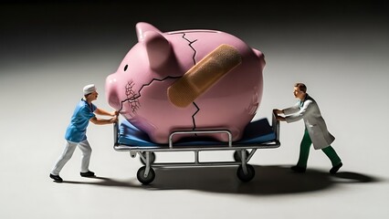 Medical Financial Crisis: Miniature Doctors and Nurse Transporting a Cracked Piggy Bank on a Stretcher with a Band-Aid