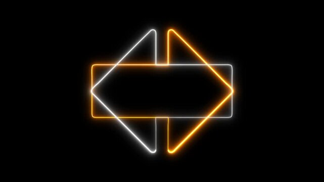 Glowing neon orange and white arrows double-sided directional sign with futuristic vibrant lighting effect.