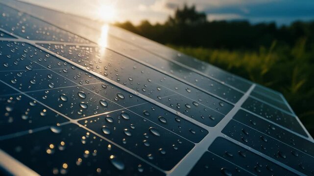 Solar panel dew droplet sunrise glistening on photovoltaic surface at morning light conveying renewable energy potential and serene atmosphere