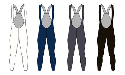 A collection of cycling shorts with suspenders in blue, gray, white, and black. Flat sketch of clothing for martial arts, running, and cycling. Mockup for training elastic leggings. 
