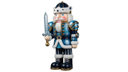 Isolated figurine of blue nutcracker in bearskin hat holding sword, holiday home decor