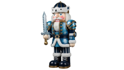Isolated figurine of blue nutcracker in bearskin hat holding sword, holiday home decor