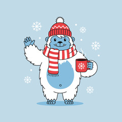 A cute cartoon yeti in winter clothes waving and holding a hot drink with snowflakes in the background.