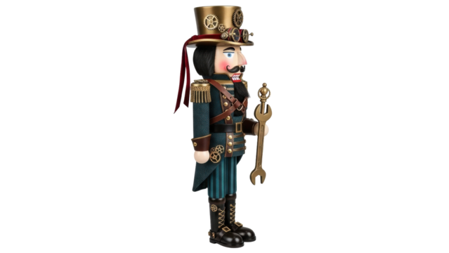 Isolated Steampunk Nutcracker Figurine in a Military Uniform Holding a Wrench Toy Decoration