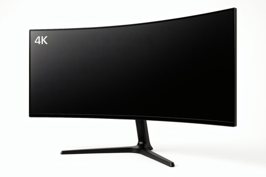 Sleek curved monitor display in modern workspace. Technology, computer, 4K, office, productivity
