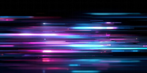 Horizontal streaks of vibrant neon light illuminate a dark digital background