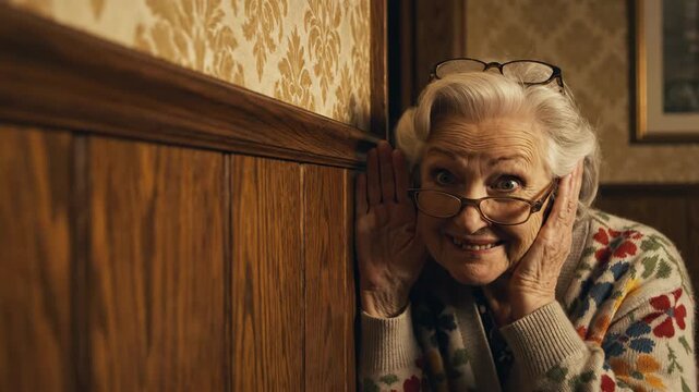 funny caucasian senior woman pressing ear against wooden wall to overhear secrets. curious grandmother eavesdropping with mischievous smile. gossip concept. humor, lifestyle, hearing aid