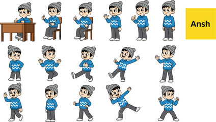 Ansh cartoon character poses, expressive boy, animation asset, emotional gestures, children’s mascot, playful design, educational illustration, action movements