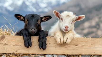 Fototapeta premium A black and a white goat are peeking over a wooden fence. They are outdoors with a blurred mountain background.