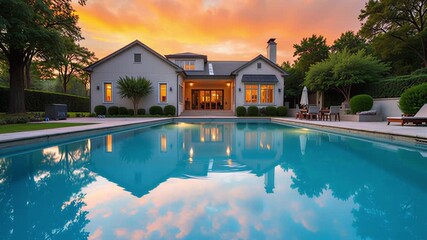 Luxurious home with a stunning pool reflecting the vibrant sunset sky creating a serene and upscale residential scene at twilight hour