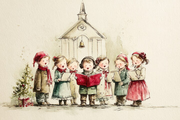 Christmas watercolor illustration of a Christmas concert with choir singing, musical celebration