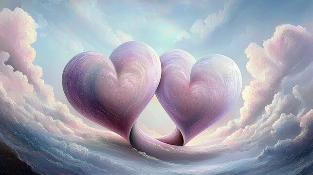 Two stylized hearts connected and floating in a dreamy cloudscape, evoking romance and love.