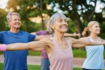 Joyful senior woman stretching with friends in park