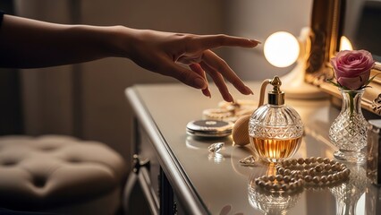 Perfume bottle with jewelry and rose on vanity