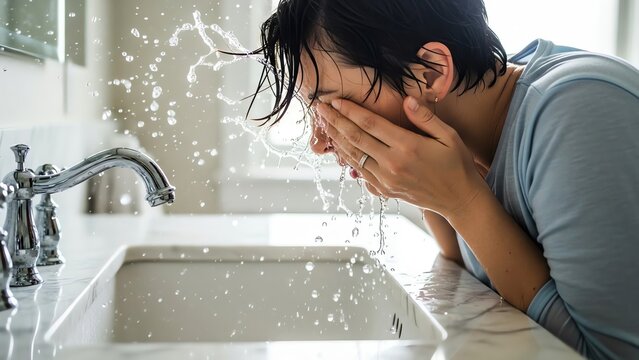 Man splashing face with water in bathroom