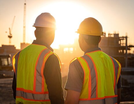 Two construction workers, wearing safety vests and helmets, stand facing the sunrise at a building site with cranes and structures in the background