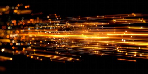 Intense golden light streams race forward through the deep black background