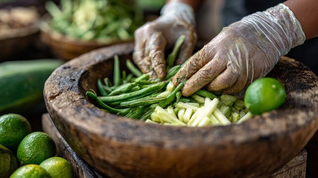 Hands of a culinary expert skillfully preparing fresh green vegetables in a rustic wooden bowl, surrounded by vibrant limes and a variety of ingredients, showcasing traditional cooking techniques