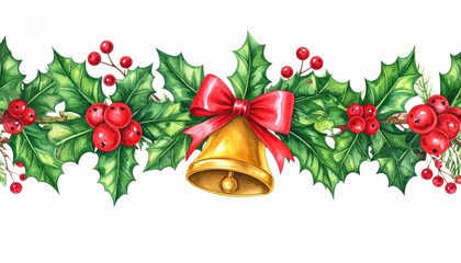 Watercolor Christmas seamless border with holly leaves red berries and golden bell.