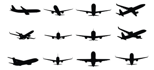 Airplane Silhouette Vector Set With Front And Side Aircraft Views In Black Aviation Illustration Style For Flight Design Artwork, Featuring Clean Minimal Shapes And Detailed Transport Graphics
