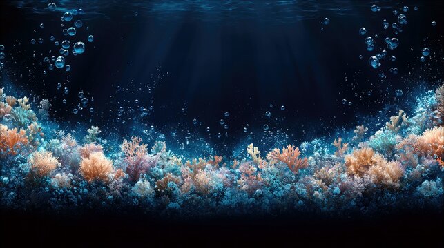 An artistic underwater scene featuring a vibrant coral reef, illuminated by light rays and surrounded by bubbles, creating a dark and moody atmosphere. - Powered by Adobe