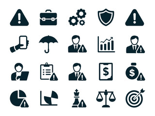 A collection of dark blue icons representing business concepts such as risk, finance, strategy, and security.