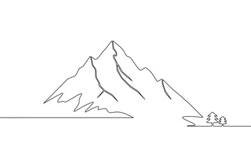 One line art  landscape of mountains and river in simple illustration