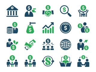 A collection of business and finance icons representing concepts like banking, investment, and teamwork.