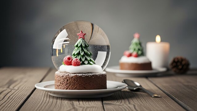 Festive Chocolate Dessert Adorned with a Miniature Christmas Tree Snow Globe, Evoking Holiday Cheer and Winter Wonderland Magic on a Rustic Wooden Table