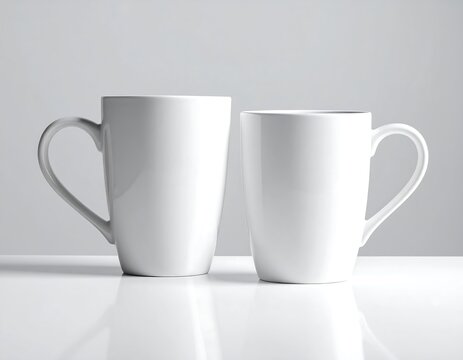 Two pristine white ceramic mugs with elegant handles are displayed on a glossy, reflective surface against a soft gray background