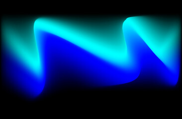 Abstract glowing neon blue and cyan wave shape against a dark black background, vibrant light effect