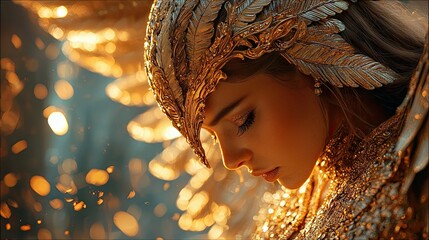 Obraz premium A woman wearing a golden headdress and ornate clothing, with a soft, dreamy lighting effect.