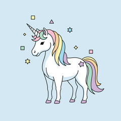 A charming illustration of a white unicorn with a rainbow mane and tail, surrounded by stars.