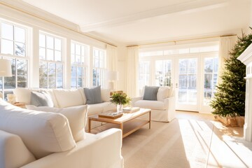 Bright and airy living room with white furniture, natural light, and a Christmas tree in a cozy setting