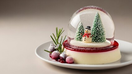 Festive holiday dessert featuring a miniature snow globe with a snowman and evergreen trees on a panna cotta